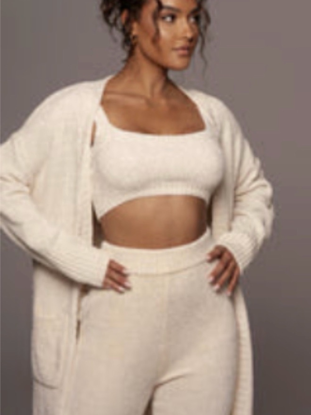 JLUXLABEL Cream Wide Leg Knit Jumpsuit & Longline Cardigan Set